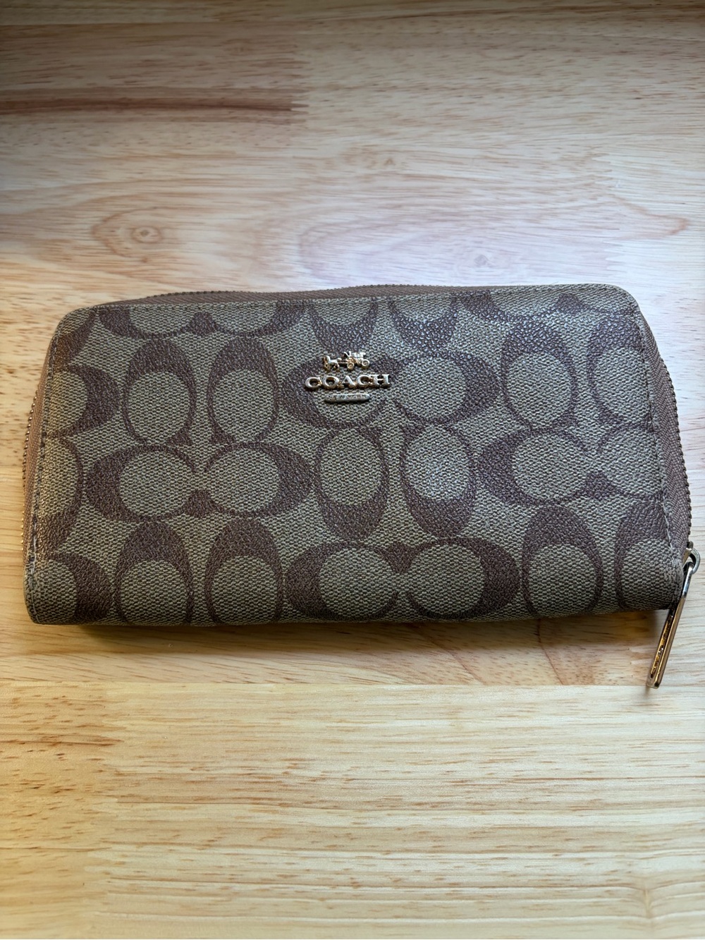 Coach Brown Signature Zip Wallet with Gold Logo